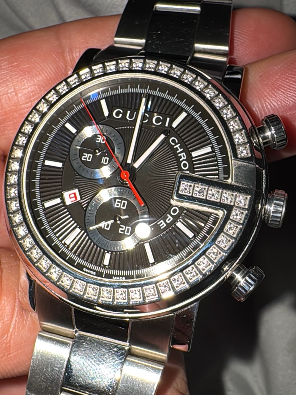 Gucci Silver Stainless Steel Black Dial Crystal Bezel Chronograph Watch